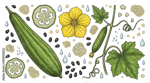 Fresh green zucchini vegetables with seeds and leaves on a surface with raindrops