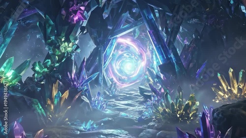 A person walks through a dark cave full of shining crystals