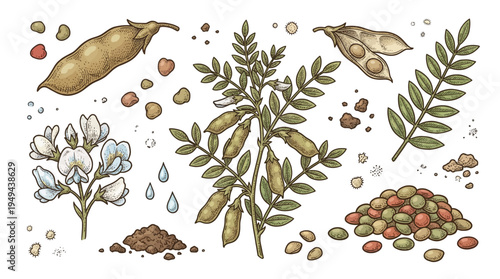 A detailed illustration of a plant with pods and leaves surrounded by various seeds and soil.