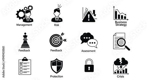 Black and white icons representing business concepts like management and risk