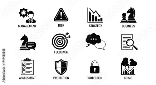 Black icons representing business concepts like management risk and strategy
