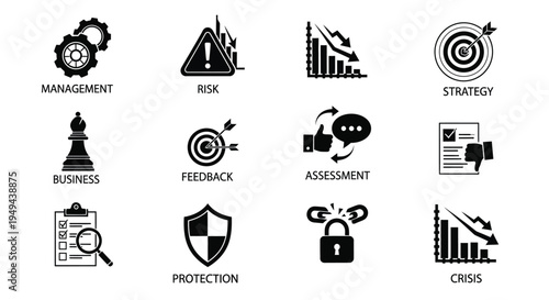 Black icons representing business concepts like management risk and strategy