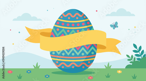 Vibrant Easter Egg Vector Illustration with Blank Yellow Ribbon for Text, Set on a Green Grassy Landscape with Clouds and Butterfly, Perfect for Holiday Banners and Promotions