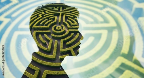 A 3D maze inside the silhouette of a human head profile. An abstract psychological concept representing mental health, complex decision-making, the subconscious, and problem-solving. AI generated.