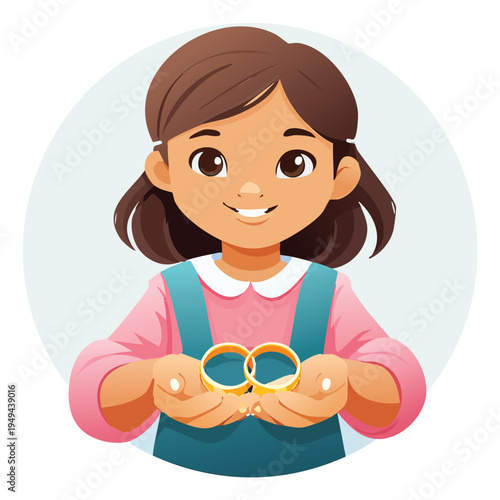 Young girl holding up two gold rings cartoon illustration isolated