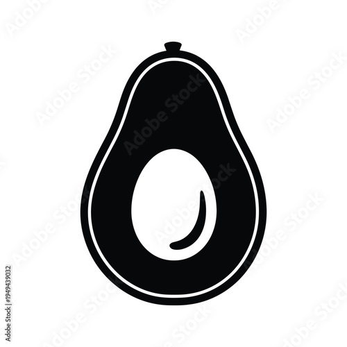 Simple Black Silhouette Icon of a Halved Avocado with Pit on White Background