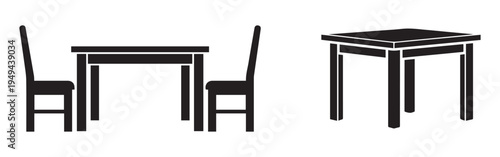 Collection of dining table floor plan icons, featuring rectangular, circular, and square sets for restaurant and home use.