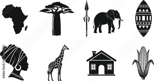 African culture silhouette icon set with continent map, elephant, giraffe, baobab tree, tribal spear, shield, woman portrait, village house and corn vector illustration
