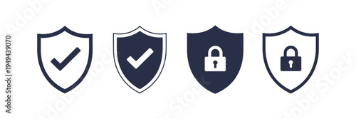 Security Shield Icon Set with Check Mark and Padlock, Safety Protection Shield Logotypes for Cybersecurity, Privacy Protection, Data Safety, Secure Access and Antivirus Concepts, Vector Illustration