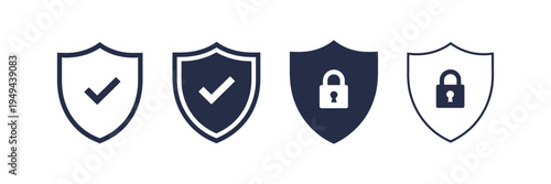Security Shield Icon Set with Check Mark and Padlock, Safety Protection Shield Logotypes for Cybersecurity, Privacy Protection, Data Safety, Secure Access and Antivirus Concepts, Vector Illustration