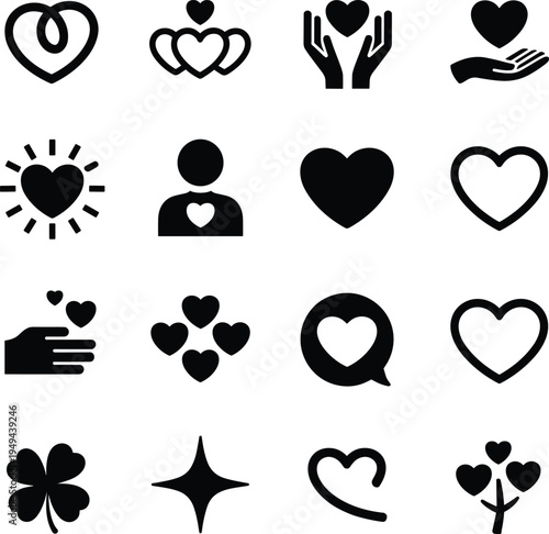 Love and heart icon set including care support romance favorite like charity relationship symbols, black vector icons for Valentine design social media messaging