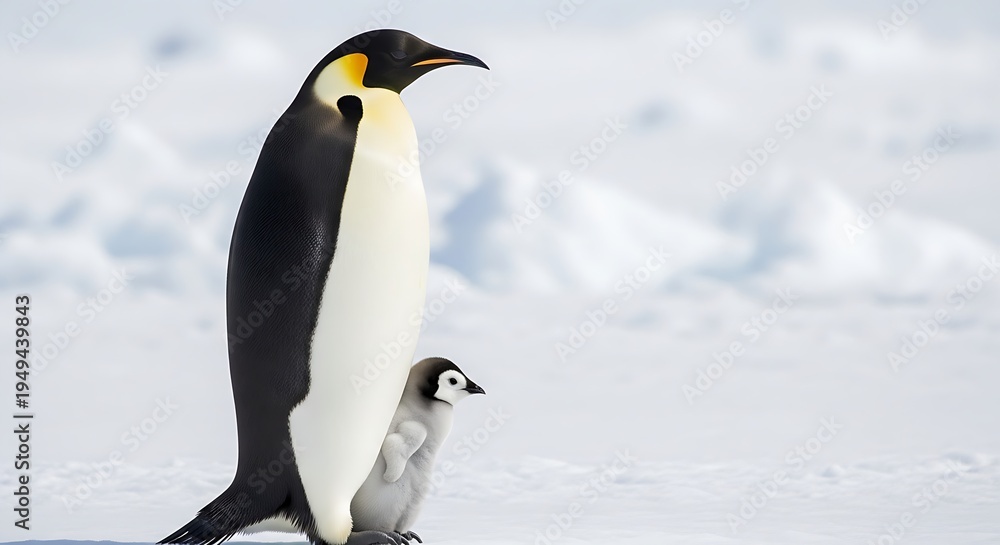 Fototapeta premium A large penguin stands protectively beside a small penguin in the snow