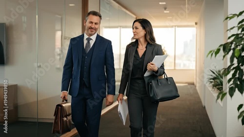 Two business professionals walk down a hallway in a corporate office while holding briefcases and discussing work