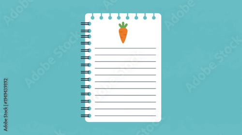 Minimalist white spiral-bound notebook with a small orange carrot icon at the top, featuring lined pages on a vibrant teal background, ideal for healthy eating, diet, or recipe planning concepts.