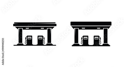 Black and white illustration of two gas station pump canopies