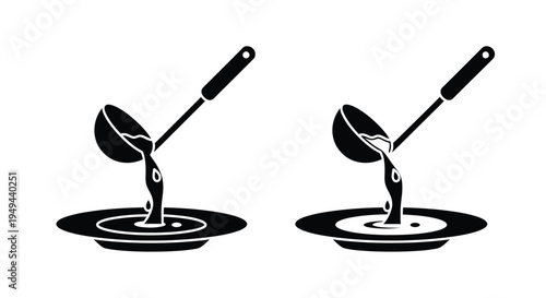Two black and white illustrations of ladles pouring liquid into bowls