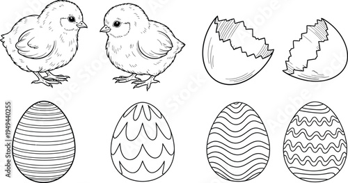 Easter Chick and Decorative Eggs Line Art Vector Set, Cute Baby Chicken, Broken Eggshell, Easter Holiday Outline Illustration, Coloring Book Style Isolated on White