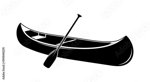 Black Silhouette of a Canoe with Paddle on White Background