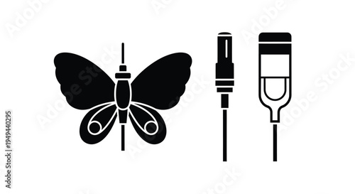 Black and white icons depicting a butterfly and various electronic connectors