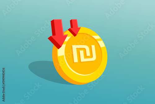 Israeli Shekel Coin with Red Down Arrows Illustrates Currency Decline