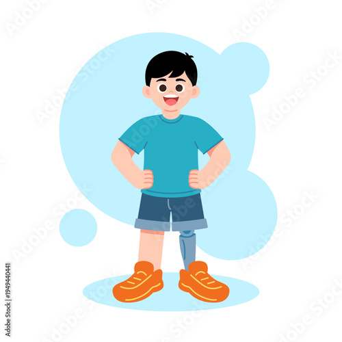 Smiling Boy With Prosthetic Limb Leg Flat Cartoon Illustration