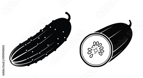 Black and white illustration of a whole and sliced cucumber
