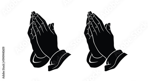 Two pairs of praying hands in a minimalist black and white design