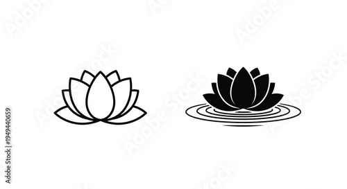 Two lotus flower illustrations one white and one black on water
