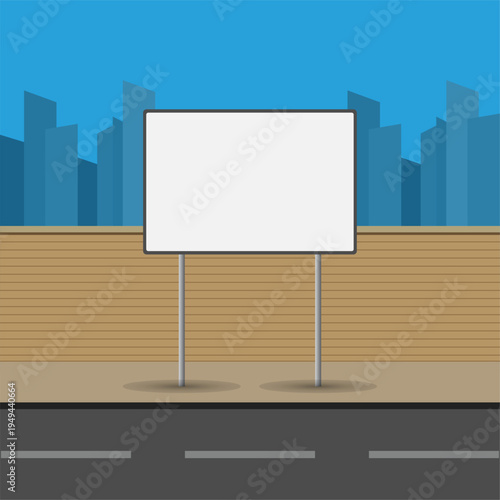 Blank white billboard mockup on a city street with modern buildings skyline background, minimalist vector illustration for outdoor advertising, marketing promotion, and commercial signage design