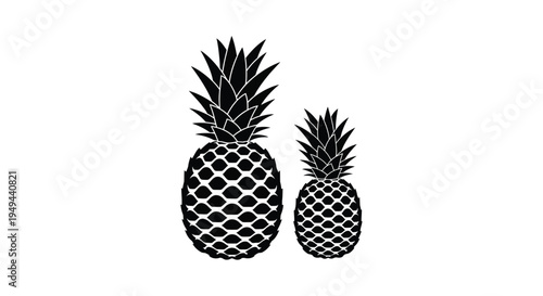 Black and white illustration featuring two pineapples of differing sizes
