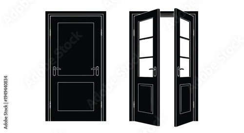 Black and white illustration of a closed and open double door