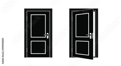 Two black doors presented one closed one slightly ajar