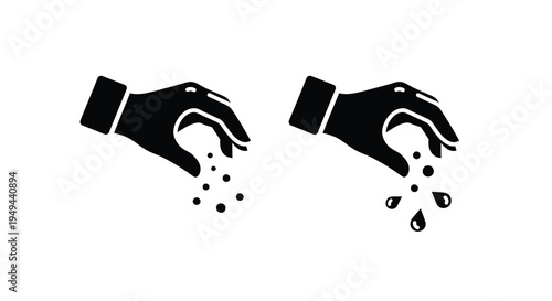 Hands pouring or sprinkling granular material depicted in a simple icon style