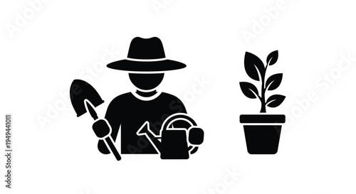 Gardener silhouette with tools and a potted plant illustration
