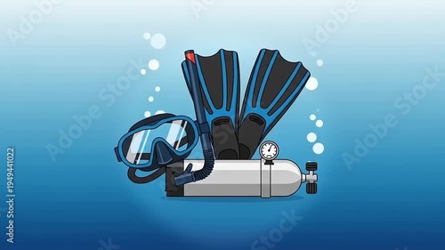 Scuba Diving Equipment Underwater Scene Illustration.