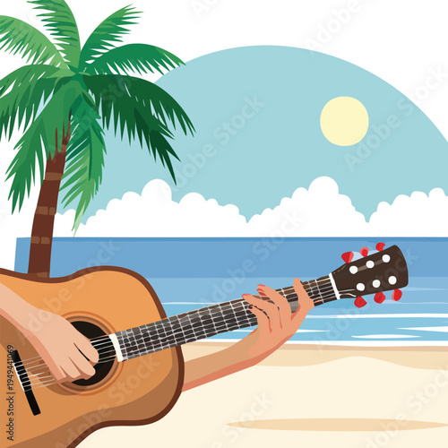 Guitar player on beach under palm tree and sunny sky vector illustration