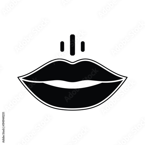 Stylized black and white icon of human lips with sound wave or voice equalizer graphic, representing communication, speech, audio, or talking. Minimalist vector art.