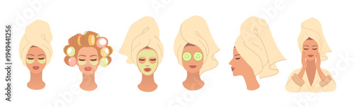 Vector illustration of woman skincare routine set. Flat design beauty collection isolated.