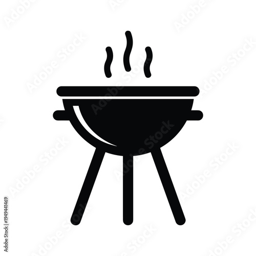 Simple black icon illustration of a barbecue grill with steam rising, representing cooking, outdoor events, and food.