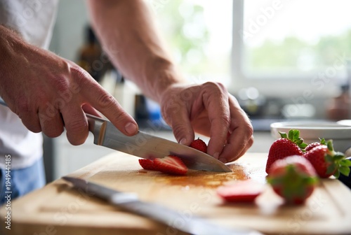 Person cutting fresh strawberries on a rustic wooden cutting board in a sunlit kitchen. Great for healthy lifestyle and home cooking blogs.