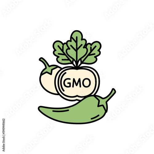 GMO Food Label with Pepper Eggplant Beet vector illustration