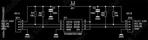 Schematic diagram of electronic device on sheet of paper. Vector drawing electrical circuit with 
resistor, integrated circuit, capacitor, gnd,
connector, other components.