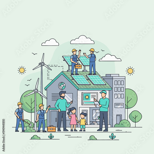 Family and workers installing solar panels on a house with wind turbines.