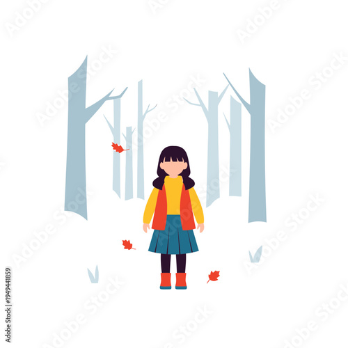Girl Walking in a Forest on Autumn Day vector illustration