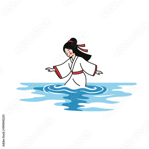 Chinese Girl in Hanfu Walking in Water vector illustration