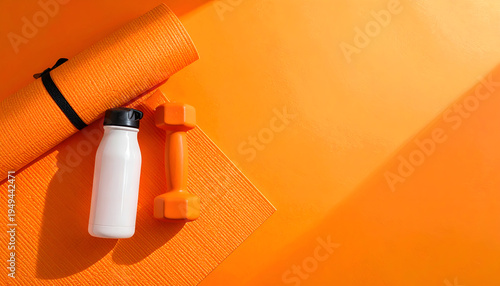 Top view of yoga mat, protein shake bottle and dumbbell on orange background, Fitness equipment and healthy lifestyle concept with copy space.