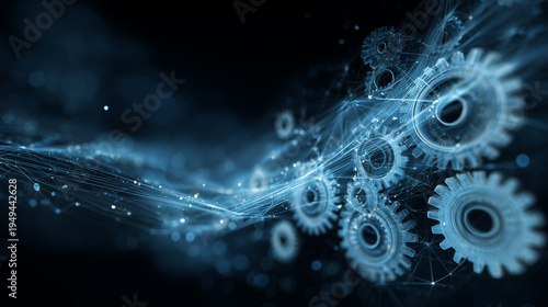AI powered automation concept background, digital gears merging with neural network lines, glowing blue technology elements, banner design with copy space