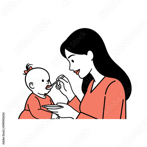 Mother Feeding Her Baby with a Spoon vector illustration