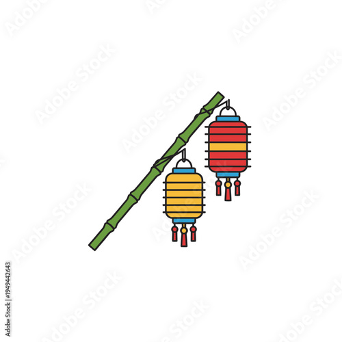 Two Chinese Lanterns Hanging from a Bamboo Stick vector illustration