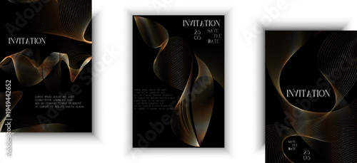 Golden Luxury invitation template card big set, Premium geometric figure wave gold frame typography design. Elegant background for advertising, gala card, grand opening, party invitation, layout